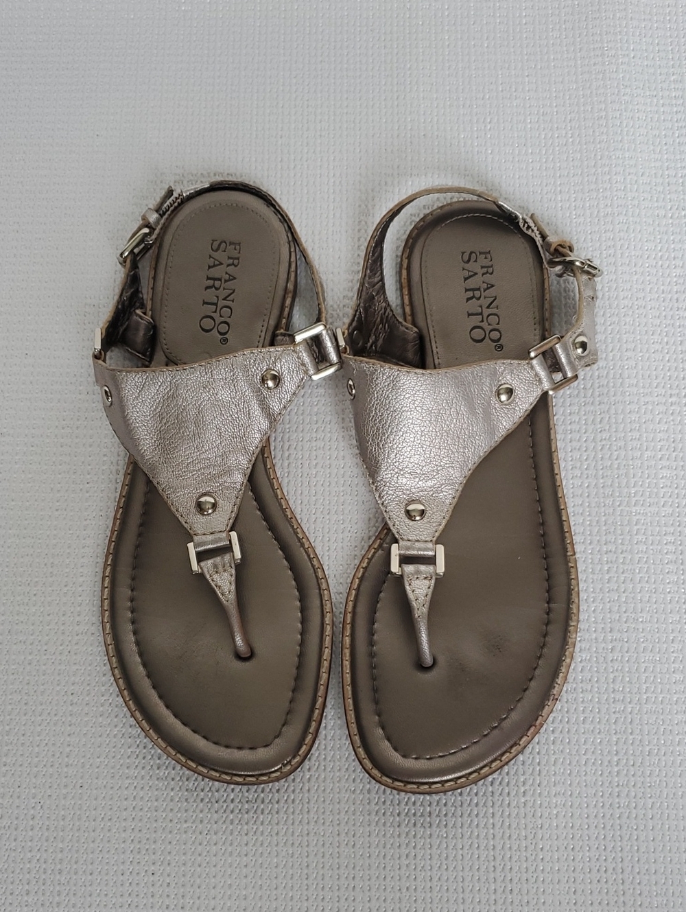 Franco Sarto Metallic Taupe Leather T-Strap Sandals